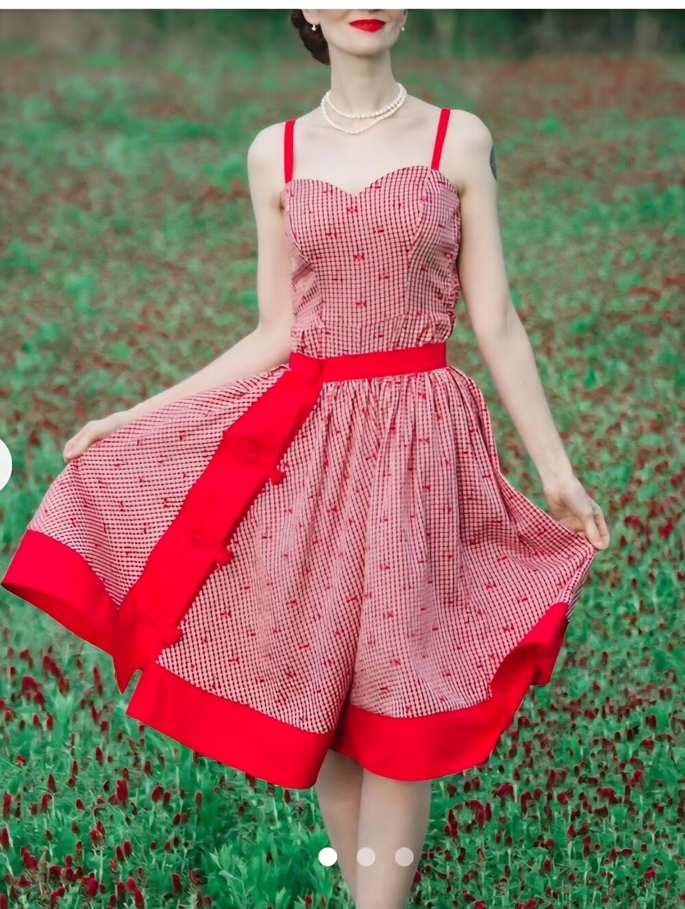 Unique Vintage Red and White Gingham Cherry Bow Red Trim Circle Skirt Xl 14